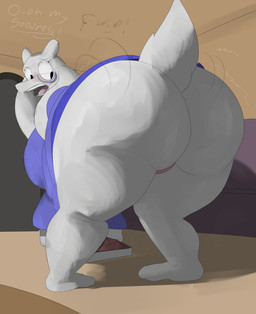 anthro bent_over big_breasts big_butt black_text book breasts butt clothing detailed_background dialogue dress eyewear female fur glasses huge_butt looking_back looking_down mature_anthro mature_female overweight overweight_anthro overweight_female panties pink_clothing pink_panties pink_underwear purple_clothing purple_dress smelly smelly_butt solo text twerking underwear white_body white_fur white_text pleasantlyplumpthiccness undertale_(series) toriel bovid caprine goat mammal english_text hi_res