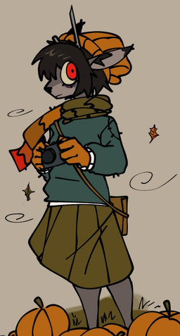 anthro antlers autumn bag beanie black_hair bottomwear camera clothed clothed_anthro clothed_female clothing eyelashes female female_anthro fingers food front_view fruit fully_clothed fully_clothed_anthro fully_clothed_female fur gloves grass green_bottomwear green_clothing green_skirt grey_body grey_fur hair handwear hat headgear headwear holding_camera holding_object horn leaf mouth_closed orange_beanie orange_clothing orange_gloves orange_handwear orange_hat orange_headwear outside plant pumpkin red_eyes satchel scarf simple_background skirt solo sweater topwear wind xarop77 reed_(xarop77) deer mammal 2024 digital_drawing_(artwork) digital_media_(artwork) portrait three-quarter_portrait