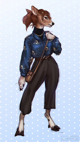 anthro belt black_bottomwear black_clothing black_nose black_pants blue_clothing blue_topwear bottomwear brown_belt brown_body brown_eyes brown_fur brown_hair chain clothing dotted_background female front_view fur glistening glistening_eyes hair pants pattern_background simple_background solo standing topwear white_body white_fur lostgoose francesca_(lostgoose) deer mammal 2022 9:16 colored_sketch dated hi_res signature sketch