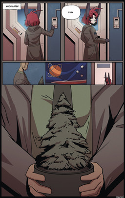 anthro close-up clothed clothing dialogue duo evergreen_tree female fingers flag flag_(object) fur grey_ears hair holding_object holding_pot inside jacket male necktie pine_tree plant plant_pot police police_chief police_officer police_station potted_plant red_hair short_hair speech_bubble text topwear tree white_body white_fur kosatich elisa_(kosatich) canid canine canis domestic_dog lagomorph leporid mammal rabbit 2025 absurd_res artist_name comic digital_media_(artwork) english_text hi_res