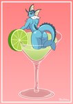 alcohol anthro beverage black_sclera blue_body blue_skin breasts butt cocktail cocktail_glass container cup drinking_glass female fin food fruit glass glass_container glass_cup glistening glistening_body gradient_background lemon light lime looking_at_viewer looking_back pink_background plant raised_tail rear_view simple_background smile smiling_at_viewer snout solo tail blueumbra nintendo pokemon eeveelution generation_1_pokemon pokemon_(species) vaporeon hi_res signature