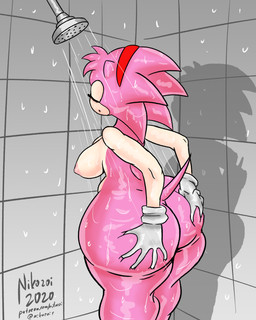 accessory anthro areola bathing big_breasts big_butt breasts butt clothing eyes_closed female glistening glistening_body glistening_butt gloves hair_accessory hairband hand_on_butt hand_on_own_butt handwear huge_butt nipples pink_areola pink_body pink_nipples showering solo text wet wide_hips nikozoi classic_sonic_(universe) sega sonic_the_hedgehog_(series) amy_rose classic_amy_rose eulipotyphlan hedgehog mammal 2020 4:5 absurd_res hi_res shaded signature url