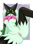 anthro anus areola black_body black_clothing black_fur black_legwear black_stockings bottomless bottomless_anthro bottomless_female bottomless_humanoid breasts butt cape cape_only clitoral_hood clitoris clothed clothing erect_nipples female fur genital_focus genitals glistening green_body green_fur holding_leg holding_leg_up jewelry legwear looking_at_viewer magic_user magician mask medium_breasts mostly_nude mostly_nude_anthro mostly_nude_female mostly_nude_humanoid multicolored_pussy narrowed_eyes naughty_face necklace nipples open_mouth partially_clothed pink_areola pink_eyes pink_inner_pussy pink_nipples pink_pussy pose presenting presenting_anus presenting_pussy pussy pussy_focus raised_leg simple_background sitting small_anus solo spread_legs spreading stockings tongue tongue_out two_tone_pussy wearing_mask furfe nintendo pokemon felid feline generation_9_pokemon humanoid mammal meowscarada pokemon_(species) 2023 3:4 absurd_res hi_res pinup