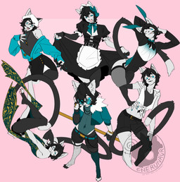 anthro apron asian_clothing belt beret black_arms black_fingers black_legs black_toes bottomwear bow_accessory bow_ribbon bow_tie bracelet bunny_costume chinese_clothing chinese_dress clothed clothing colored_nails costume crop_top crossdressing crossdressing_male curtsey diamond_(marking) dress east_asian_clothing eyewear fishnet_clothing fishnet_legwear fur_collar glasses hand_behind_head hand_on_hip hat headgear headwear jewelry legwear looking_at_viewer maid_headdress maid_uniform male markings nails necklace off-shoulder_top paws pink_background playboy_bunny raised_clothing ring_(jewelry) shirt shorts simple_background sleeveless_clothing smile smiling_at_viewer solo stockings sunglasses tied_shirt topwear translucent translucent_clothing uniform white_arms white_body white_fingers white_legs white_toes nerunaur custom_ink domestic_cat felid feline felis mammal absurd_res character_collage collage_(artwork) colored colored_sketch hi_res sketch watermark