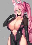 big_breasts blush bodily_fluids bodysuit bow_ribbon breasts clothing eyewear female fluffy_ears glasses hair huge_breasts long_hair navel open_mouth pink_hair simple_background skinsuit solo sweat sweatdrop tight_clothing yellow_eyes nana_kisaragi fate_(series) type-moon koyanskaya_(fate) animal_humanoid canid canid_humanoid canine canine_humanoid fox fox_humanoid humanoid mammal mammal_humanoid