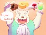 anthro beverage blush bodily_fluids clothing drooling food humanoid_hands male overweight overweight_anthro overweight_male saliva shirt simple_background solo text topwear shimo_kawa utau shirane_kan bear mammal polar_bear ursine 2018 english_text hi_res