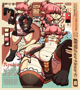 anthro breasts clothing ear_piercing ear_ring eyewear female glasses hair horn legwear looking_at_viewer nipples non-mammal_breasts piercing pink_eyes pink_hair pink_nipples ring_piercing round_glasses solo text yellow_body aitherheart mythology ryuhime dragon eastern_dragon mythological_creature mythological_scalie scalie absurd_res hi_res