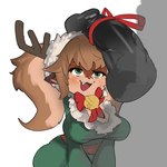 anthro antlers bell clothed clothing disembodied_penis duo female genitals green_eyes horn male male/female penis penis_on_head simple_background white_background inavu league_of_legends riot_games tencent snow_fawn_poppy_(lol) deer mammal new_world_deer reindeer 1:1