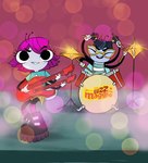 antennae_(anatomy) anthro blue_clothing blue_hair blue_shirt blue_topwear boots bottomwear clothing double-neck_guitar drum drum_set drumstick_(musical) duo eyewear female female/female footwear glasses gloves hair handwear multi_arm multi_limb musical_instrument percussion_instrument pink_clothing pink_footwear pink_hair pink_socks shirt shoes skirt socks topwear white_clothing white_gloves white_handwear yellow_bottomwear yellow_clothing yellow_skirt neurithforge disney the_buzz_on_maggie maggie_pesky rayna_cartflight arthropod fly_(animal) insect 2018