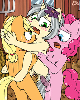anal anthro anus areola arm_tuft balls blush butt chest_tuft double_penetration elbow_tuft eyelashes female freckled_butt freckled_face freckles fur genitals group hair horn intersex long_eyelashes nude penetration penis sex shoulder_tuft trio tuft vaginal vulva young pokefound friendship_is_magic hasbro my_little_pony mythology applejack_(mlp) pinkie_pie_(mlp) equid equine mammal mythological_creature mythological_equine unicorn 4:5 hi_res