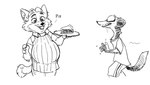 anthro biped clothed clothing duo food holding_object looking_at_another male male/male overweight overweight_anthro overweight_male simple_background 4pcsset disney zootopia duke_weaselton gideon_grey canid canine fox least_weasel mammal mustelid musteline red_fox true_fox true_musteline weasel 2021 monochrome