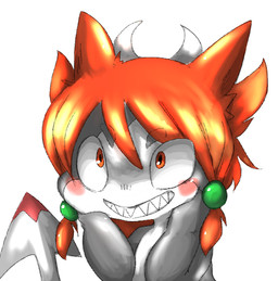 accessory anthro beads blush countershading dipstick_tail grey_body grin hair hair_accessory hair_beads hair_horn hair_tie hand_on_chin holding_face horn looking_up markings nude orange_hair pigtails pseudo_horn red_eyes sharp_teeth simple_background smile solo spade_tail spiky_hair tail tail_markings teeth white_background doneru unknown_species 2015 digital_media_(artwork) half-length_portrait portrait