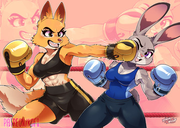 abs action_pose anthro big_breasts blowup_background boxing boxing_gloves boxing_shorts bra breasts cheek_tuft cleavage clothed clothing dipstick_tail duo facial_tuft female fight fighting_ring handwear markings midriff multicolored_body muscular muscular_anthro muscular_female pose simple_background sport sports_bra tail tail_markings thick_thighs tuft two_tone_body underwear wide_hips demonandwolf disney dreamworks the_bad_guys zootopia diane_foxington judy_hopps canid canine fox lagomorph leporid mammal rabbit crossover