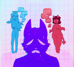 2_horns 5_fingers anthro big_breasts blue_body blue_hair blue_nipples bodily_fluids breasts cheek_tuft exclamation_point eyelashes facial_tuft female fingers fur genitals geometric_background grid_background group hair horn male navel nipples nude nude_female open_mouth pattern_background pubes purple_body purple_fur red_body red_hair red_nipples simple_background small_breasts speech_bubble standing sweat tail teeth text trio tuft vulva wide_hips wings shiftyeen angel demon 2026 english_text hi_res icon reaction_image