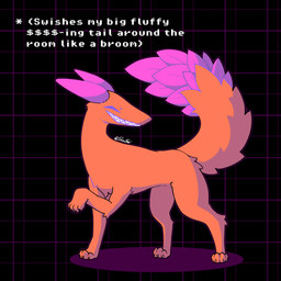 abstract_background ambiguous_gender bared_teeth dialogue eyes_closed feral fur grin grinning_at_viewer leaf leaf_ears leaf_tail low-angle_view paws playful purple_body raised_paw red_body red_fur sharp_teeth smile smiling_at_viewer solo tail talking_to_viewer teeth teeth_showing text conditional_dnp shirufox deltarune undertale_(series) canid canine fox hybrid mammal netskie 1:1 absurd_res cel_shading colored colored_line_art english_text hi_res shaded simple_shading