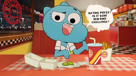 3d_background anthro blue_body blue_fur clothing dialogue fangs female food fries fur inside looking_at_viewer on_model open_mouth pickle_(food) restaurant shirt sitting smile solo speech_bubble teeth text topwear goz-o cartoon_network the_amazing_world_of_gumball nicole_watterson domestic_cat felid feline felis mammal 2022 absurd_res english_text hi_res