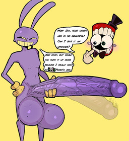anthro balls big_balls big_penis black_eyes bow_tie caine_censorship censor_bar censored_speech clothing erection exclamation_point genitals gloves grawlixes handwear hat headgear headwear huge_balls huge_penis hyper hyper_balls hyper_genitalia hyper_penis male nude penis profanity purple_body question_mark smile solo speech_bubble text top_hat vein veiny_penis yellow_sclera anothercat glitch_productions the_amazing_digital_circus caine_(tadc) jax_(tadc) lagomorph leporid mammal rabbit english_text hi_res