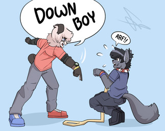 angry anthro clock collar duo gesture hair hand_gesture heterochromia leash leashed_collar long_hair male male/male obeying piercing pointing scared spiked_collar spikes text watch yelling arch3y down_boy_(meme) bear canid canine canis giant_panda mammal wolf absurd_res english_text hi_res