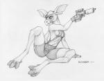 anthro breasts clothing female gun non-mammal_breasts ranged_weapon solo spread_legs spreading under_boob weapon ecmajor don_bluth the_fifth_element titan_a.e. stith alien mantrin scalie 2016 graphite_(artwork) greyscale hi_res monochrome traditional_media_(artwork)