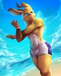 2018 4:5 abs absurd_res anthro antlers artemis_jackalope athletic athletic_anthro athletic_male beach blue_eyes bulge clothed clothing detailed_background dutch_angle hi_res horn jackalope lagomorph looking_aside male mammal neck_tuft nurinaki outside pecs sand sea seaside signature sky solo stretching swimming_trunks swimwear text thick_thighs topless tuft water