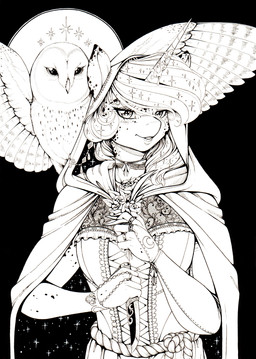 alternate_hairstyle anthro anthrofied art_nouveau bracelet choker cloak clothing dagger duo female flower freckles fur hood horn horn_jewelry horn_ring jewelry knife lace looking_at_viewer melee_weapon mottled mottled_body mottled_fur necklace plant ribbons ring_(jewelry) spread_wings weapon wings longinius friendship_is_magic hasbro my_little_pony mythology princess_luna_(mlp) avian bird equid equine mammal mythological_creature mythological_equine owl winged_unicorn absurd_res black_and_white hi_res monochrome traditional_media_(artwork)