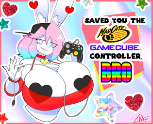 2000s_theme 5_fingers abstract_background anthro backwards_baseball_cap backwards_hat baseball_cap between_breasts big_breasts black_baseball_cap black_pasties blue_eyes blue_hair breasts chest_tuft cleavage cleavage_overflow clothed clothing collar controller curvy_figure electronics eyebrow_through_hair eyebrows eyelashes female fingers fur furgonomic_baseball_cap furgonomic_hat furgonomic_headwear furgonomics game_controller gamecube_controller hair hat headgear headwear heart_collar heart_pasties heart_symbol holding_object holidays huge_breasts inner_ear_fluff logo long_ears looking_at_viewer multicolored_eyes multicolored_hair narrowed_eyes nintendo_controller nipple_outline pasties pink_eyes pink_hair red_clothing red_topwear smile smirk solo text topwear translucent translucent_clothing translucent_hair translucent_topwear tuft two_tone_eyes two_tone_hair voluptuous voluptuous_female white_body white_fur y2k_(graphic_design) theycallhimcake gamecube madcatz_(copyright) nintendo valentine's_day pb_(theycallhimcake) lagomorph leporid mallkin mammal rabbit 2024 digital_drawing_(artwork) digital_media_(artwork) english_description english_text half-length_portrait hi_res impact_(font) portrait signature busty_boy_(lore) male_(lore)