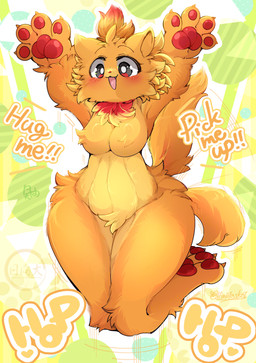 anthro big_breasts black_eyes breasts female female_anthro fur jumping looking_at_viewer orange_body orange_fur pawpads paws solo tail text thick_thighs wide_hips yellow_body yellow_fur hinata_sakamoto nintendo pokemon pokemon_winds_and_waves canid canine generation_10_pokemon mammal pokemon_(species) pombon 2026 english_text hi_res