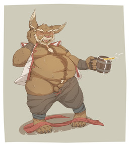 alcohol anthro balls beer beverage brown_body brown_fur clothing drunk erection food fur genitals male obese obese_anthro obese_male overweight overweight_anthro overweight_male penis solo substance_intoxication wardrobe_malfunction zangusuu mangix_the_brewmaster bear giant_panda mammal hi_res
