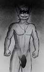 anthro balls big_ears black_penis black_sclera dramatic_lighting fangs fur genitals glowing glowing_eyes grin hair humanoid_genitalia humanoid_penis looking_at_viewer male muscular nude penis simple_background smile solo teeth botter_dork rio_(botter_dork) bat hybrid mammal mustelid otter absurd_res black_and_white digital_media_(artwork) hi_res monochrome