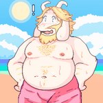 anthro beach beard belly big_belly blonde_hair blush bodily_fluids body_hair chest_hair clothed clothing day exclamation_point facial_hair floppy_ears fur hair hands_on_hips horn male moobs navel nipples open_mouth outside overweight overweight_male pink_nipples seaside solo sun sweat swimwear topless topless_male water white_body white_fur smush-sin undertale_(series) asgore_dreemurr bovid bovine mammal 1:1 2022 digital_media_(artwork) pixel_(artwork)