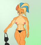 abs anthro big_breasts blue_eyes bra breasts clothing ear_piercing female hair holding_object looking_at_viewer muscular muscular_anthro muscular_female nipple_piercing nipples nude orange_body panties piercing simple_background smile solo underwear hano101 activision crash_bandicoot_(series) pirate_tawna bandicoot mammal marsupial absurd_res hi_res