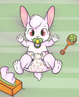 anthro clean_diaper clothed clothing diaper hair male object_in_mouth pacifier pacifier_in_mouth pink_hair solo wearing_diaper young young_anthro zombineko lagomorph leporid mammal rabbit absurd_res hi_res