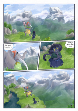 ambiguous_gender anthro biped black_body black_fur black_tail blue_sky clothed clothing cloud day dialogue duo fur grass grey_body hat headgear headwear holding_object male outside plant proboscis_(anatomy) river rock sky speech_bubble tail text trunk_(anatomy) water bjekkergauken imbali_(bjekkergauken) isilo_(bjekkergauken) elephant elephantid mammal proboscidean unknown_species 2025 comic english_text hi_res