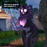 absurd_res anthro bear belt bottle breasts building clothing container dialogue epic_games eye_scar facial_scar featureless_breasts featureless_crotch female fortnite fur glowing glowing_eyes hedge hi_res hood liquid mammal multicolored_body multicolored_fur outside plant purple_body purple_ears purple_fur question raven_team_leader scar screencap screencap_background shadow_face shrub sludgecentric solo text tree