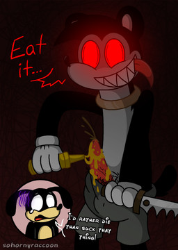 balls black_body black_fur bodily_fluids body_hair clothed clothing dark disgust duo erection erection_under_clothing food fur genital_fluids genitals hairy hairy_balls knife male mustard peeing penis penis_poking_out pubes red_background red_eyes scared simple_background smile tears text tongue tongue_out urine sohornyraccoon in_the_dark_comic skitzo_the_killer_bear bear canid canine canis domestic_dog mammal