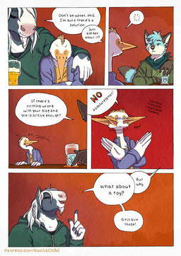 5_fingers anthro bar beverage black_body black_fur black_nose blue_body blue_fur blunt blush bodily_fluids clothed clothed_anthro clothed_male clothing dialogue feathers fingers fur grey_body grey_fur group hand_on_shoulder humanoid_hands kerchief male multicolored_body multicolored_fur neckerchief neckwear nervous page_number shirt speech_bubble sweat text topwear trio two_tone_body two_tone_fur white_body white_feathers white_fur kantachibli adrian_(kantachibli) blue_(kantachibli) phillip_(kantachibli) avian bird canid canine equid equine fox heron horse mammal pelecaniform comic english_text hi_res url