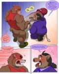 4:5 balls bear big_balls big_penis blush bulge comic dialogue duo english_text erection genitals hi_res huge_balls huge_penis hyper hyper_balls hyper_genitalia hyper_penis interval male male/male mammal muscular penis suid suina sus_(pig) text wild_boar