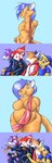 anthro clothed clothing emaciated female four_frame_image group overweight parody skimpy skinny tail unknown_artist reaction_guys canid canine fox mammal 4koma comic hi_res meme reaction_image