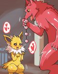 absurd_res anal_beads blush bodily_fluids breath canid canine claws croisshark duo eeveelution female feral fur generation_1_pokemon hi_res holding_anal_beads holding_object holding_sex_toy imminent_anal jolteon male mammal nintendo open_mouth pokemon pokemon_(species) red_body red_fur sex_toy size_difference standing sweat tongue tongue_out yellow_body yellow_ears yellow_fur