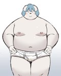 anthro barefoot belly big_belly blue_hair blush briefs briefs_only clothed clothing feet hair kemono male moobs navel nipples overweight overweight_male simple_background solo tighty_whities topless underwear underwear_only white_briefs white_clothing white_underwear sv_grart bina_(sv_grart) canid canine canis domestic_dog mammal 2023 hi_res