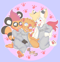 4_fingers anthro bulge clothing fingers group male pajamas paws red_eyes tail tongue tongue_out trio young young_anthro young_male georgesabertooth noah_sabertooth omar_(panda/sabertooth_oc) bear felid giant_panda hybrid mammal prehistoric_species saber-toothed_tiger absurd_res hi_res