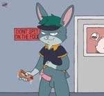 anthro balls bodily_fluids clothed clothing clothing_lift cum cum_on_food cum_on_penis erection food fur genital_fluids genitals green_body green_fur hair hot_dog looking_at_viewer male multicolored_body multicolored_fur penis pointy_ears prick_ears shirt shirt_lift sign simple_background smile solo speech_bubble tail text topwear two_tone_body two_tone_fur uniform wiener-fag bedfellows tobi_(wiener-fag) lagomorph leporid mammal rabbit digital_media_(artwork) english_text