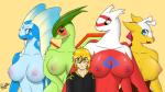 anthro anthrofied big_breasts blue_eyes blush breasts female group heart_symbol horn larger_female looking_at_viewer male nipples non-mammal_breasts nude open_mouth ossicone pokemorph simple_background size_difference smaller_male smile tongue yellow_background yellow_eyes letfurry1t mythology nintendo pokemon fan_character aurorus dinosaur dragon flygon fossil_pokemon generation_2_pokemon generation_3_pokemon generation_6_pokemon girafarig giraffid human latias legendary_pokemon mammal mythological_creature mythological_scalie plant_dragon pokemon_(species) prehistoric_species reptile sauropod sauropodomorph scalie digital_media_(artwork)