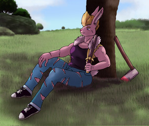 anthro axe clothing female holding_object holding_weapon melee_weapon muscular muscular_anthro muscular_female plant sitting solo sword torn_clothing tree under_tree weapon stardust_strix super_lesbian_animal_rpg allison_goleta cottontail_rabbit desert_cottontail_rabbit lagomorph leporid mammal rabbit hi_res