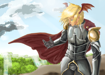 armor blonde_hair cape clothing cloud hair light male plant solo tree wings o_hear_thee oberon_(oth) humanoid
