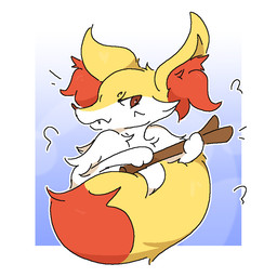 ambiguous_anthro ambiguous_gender anthro arm_tuft big_tail biped blue_background border brown_eyes brown_nose cheek_tuft chest_tuft cute_fangs dipstick_tail emanata facial_tuft fangs fluffy fluffy_tail front_view fur holding_object holding_stick inner_ear_fluff looking_at_viewer markings mouth_closed multicolored_body multicolored_fur nude_ambiguous nude_anthro orange_body orange_fur orange_inner_ear_fluff orange_tail_tip pointy_ears prick_ears shoulder_tuft simple_background snout solo stick tail tail_markings teeth tuft two_tone_tail white_body white_border white_fur yellow_body yellow_fur yellow_tail guzzlord420 nintendo pokemon braixen canid generation_6_pokemon mammal pokemon_(species) 1:1 2024 aliasing binary_drawing cel_shading colored digital_drawing_(artwork) digital_media_(artwork) half-length_portrait portrait shaded