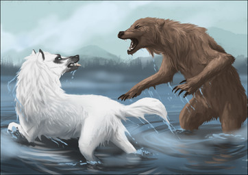 ambiguous_gender black_border border brown_body brown_fur claws day detailed_background duo feral fur open_mouth outside partially_submerged sky teeth tongue water wet wet_body wet_fur white_body white_fur oneminutesketch bear canid canine canis domestic_dog mammal 2015 digital_media_(artwork)