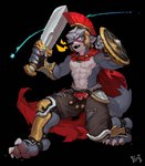 abs anthro armor clothing grey_body hair headgear helmet male melee_weapon multicolored_body muscular nipples open_mouth pecs red_eyes scar shield solo sword weapon yzmuya aquila_(imoyasu_muteki) canid canine canis mammal wolf absurd_res hi_res