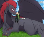 belly blue_eyes claws duo eyes_closed female feral grass happy husband kissing larger_female love lying macro male male/female plant red_claws ring size_difference smile transformation wife wings kurosita mythology nintendo pokemon dragon generation_5_pokemon human mammal mythological_creature mythological_scalie pokemon_(species) scalie zoroark hi_res sketch