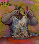 anthro chopsticks clothing dumplings food for_a_head green_body green_scales gyoza humanoid_hands male scales sharp_teeth shirt smile solo spines teeth text text_on_clothing text_on_shirt text_on_topwear topwear plastiboo dorohedoro kaiman_(dorohedoro) lizard reptile scalie hi_res